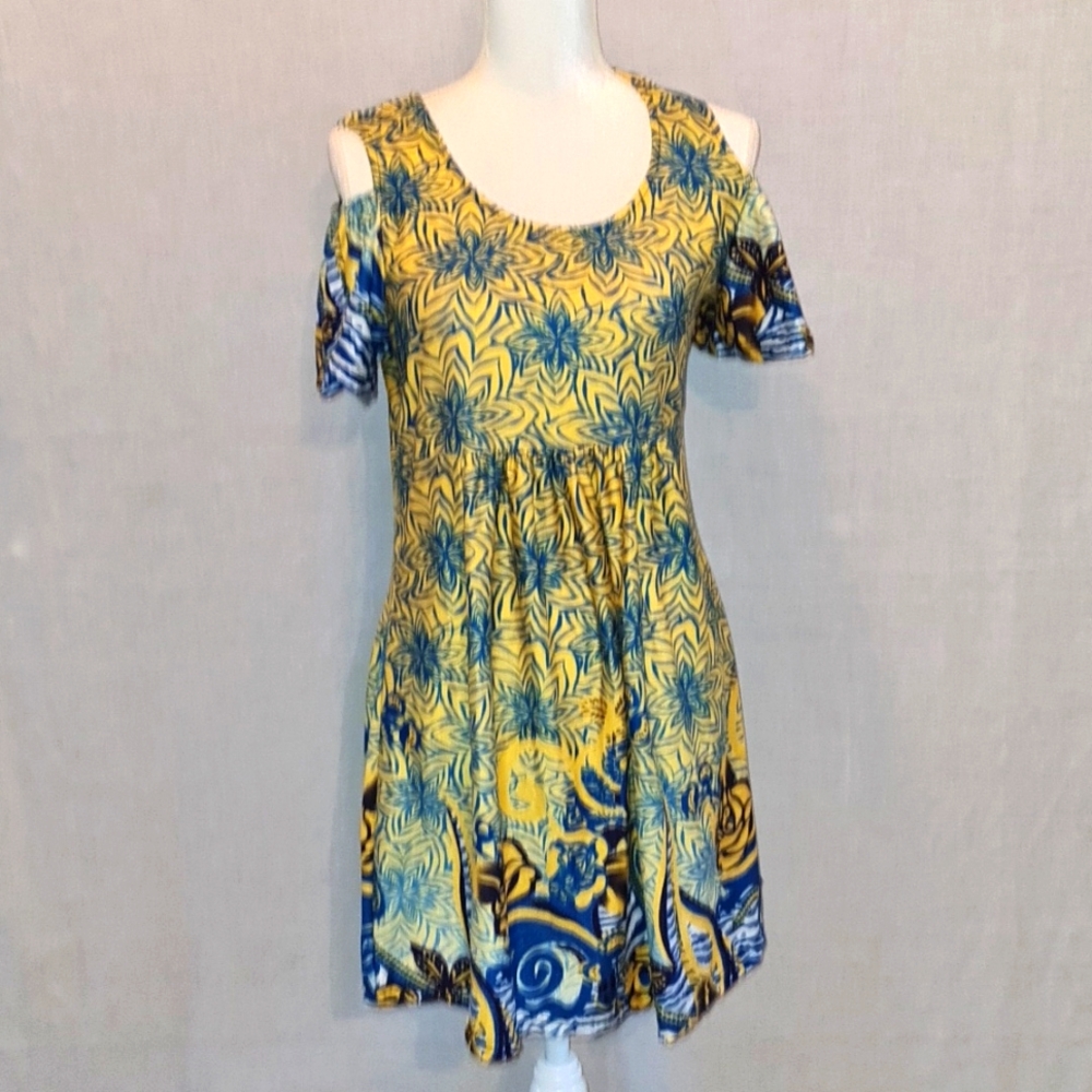 REBORN dress, gold and blue flowers, Sz M, spring/summer colors, like new